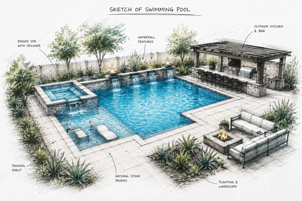 Swimming pool landscape design sketch featuring spa, waterfalls, outdoor kitchen, and lounge area.